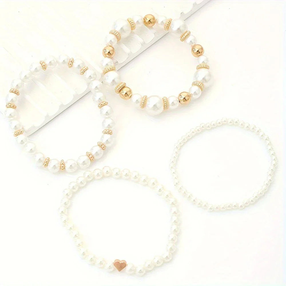 LUMIÈRE PEARL™ — ELEGANT WHITE 4PCS PEARL BEADED HANDMADE BRACELET SET