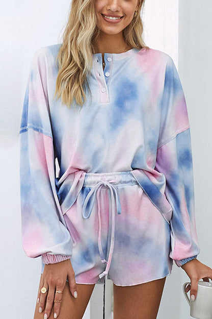 EVERLY™ WOMEN'S 2-PIECE PYJAMA SET: TIE-DYE LONG SLEEVE TOP AND SHORTS