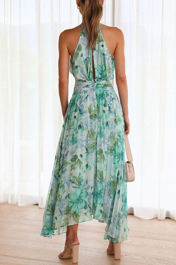 Vestido midi con pliegues y escote calado floral elegante para mujer