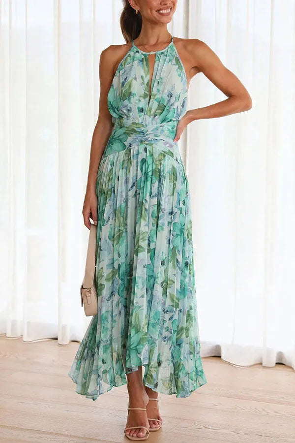 Vestido midi con pliegues y escote calado floral elegante para mujer