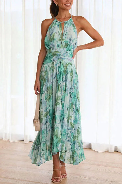Vestido midi con pliegues y escote calado floral elegante para mujer