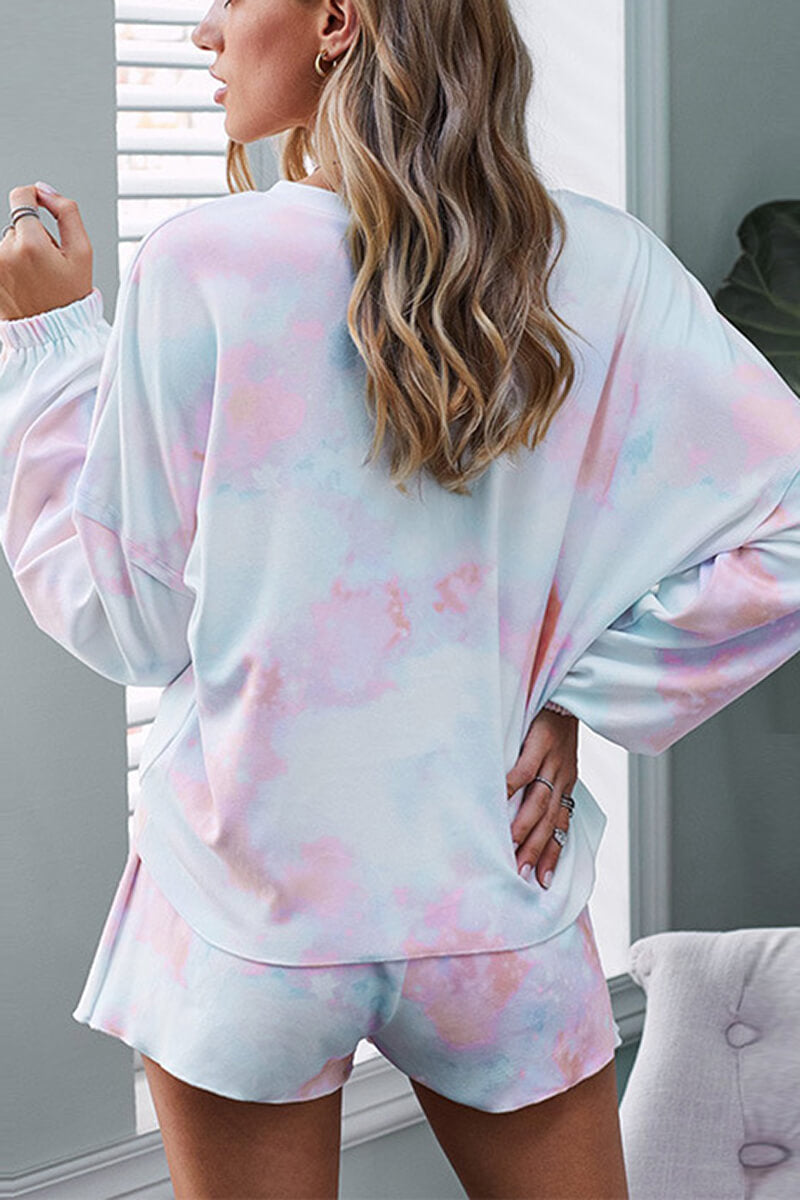 EVERLY™ WOMEN'S 2-PIECE PYJAMA SET: TIE-DYE LONG SLEEVE TOP AND SHORTS
