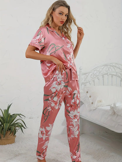 ADALYNN™ WOMEN'S PINK 2-PIECE PYJAMA SET: FLORAL PRINT SHIRT AND TROUSERS