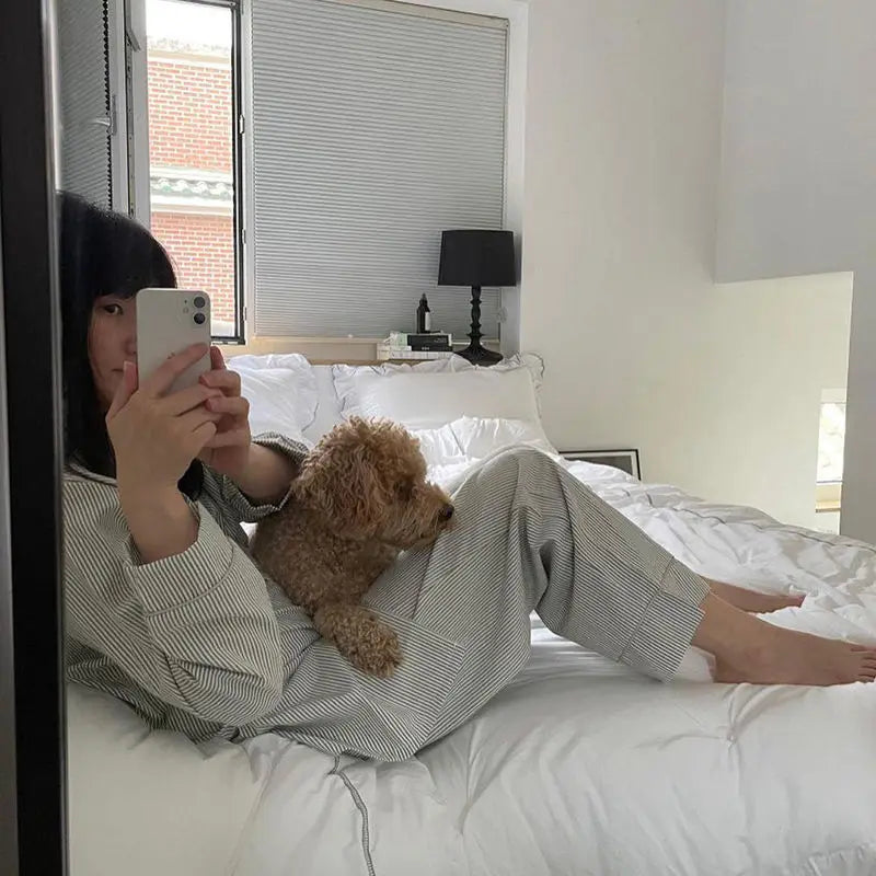 LEIH™ WOMEN'S 2-PIECE PYJAMA SET: STRIPED LONG SLEEVE TOP AND TROUSERS