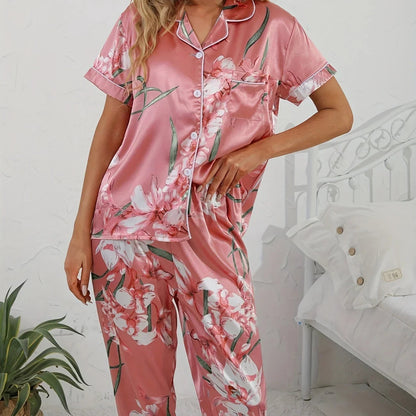 ADALYNN™ WOMEN'S PINK 2-PIECE PYJAMA SET: FLORAL PRINT SHIRT AND TROUSERS