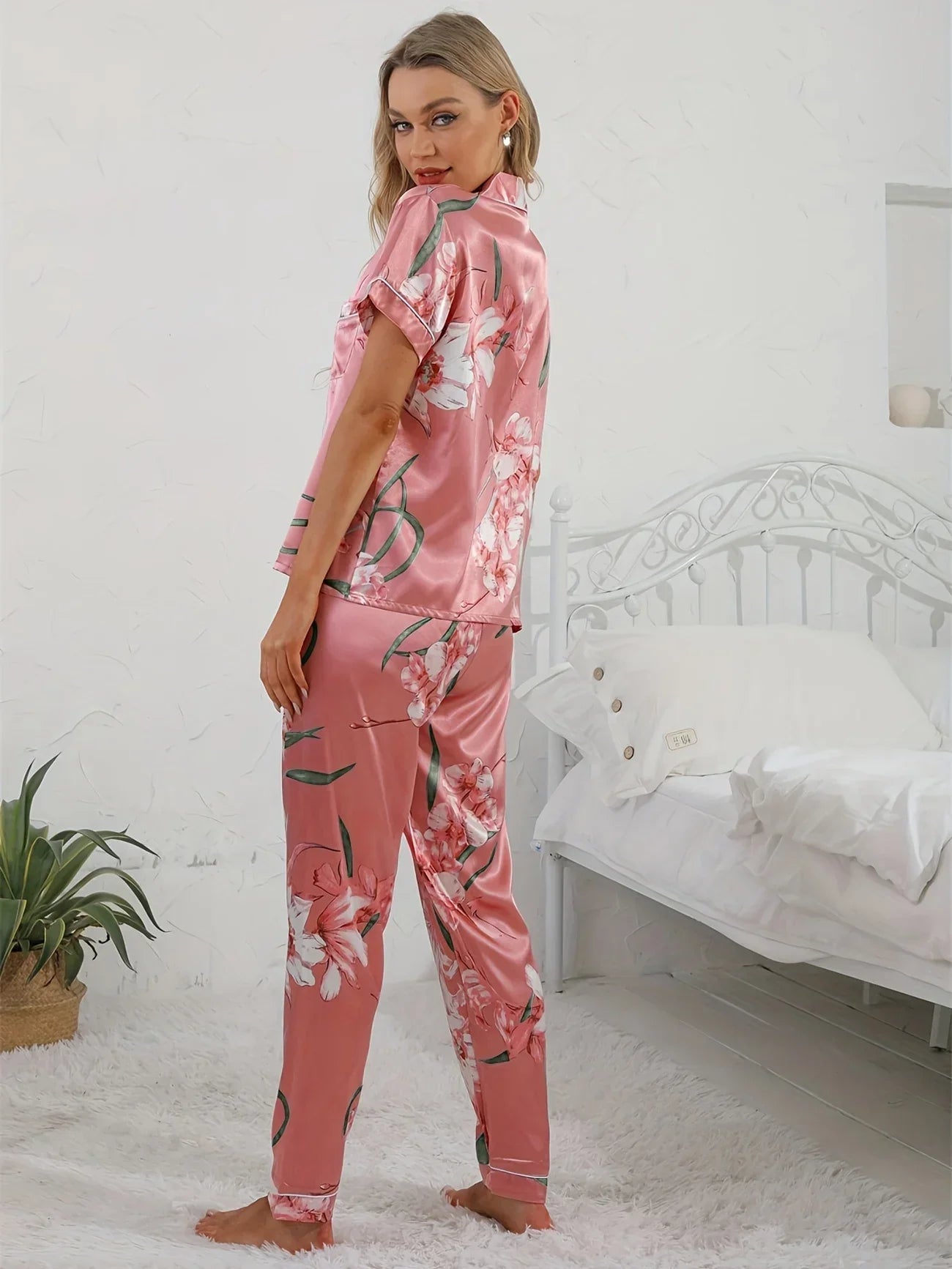 ADALYNN™ WOMEN'S PINK 2-PIECE PYJAMA SET: FLORAL PRINT SHIRT AND TROUSERS