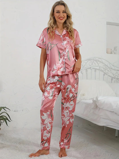 ADALYNN™ WOMEN'S PINK 2-PIECE PYJAMA SET: FLORAL PRINT SHIRT AND TROUSERS
