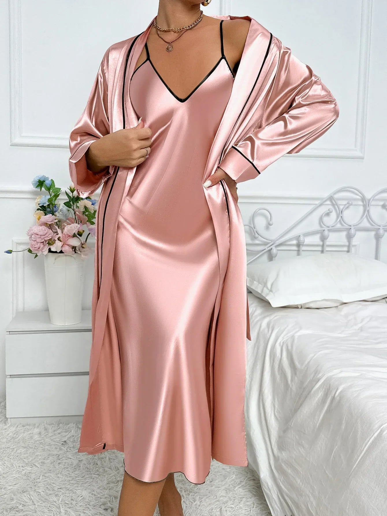 ANTOINE™ WOMEN'S 2-PIECE PYJAMA SET: LONG SLEEVE ROBE AND SLIP DRESS