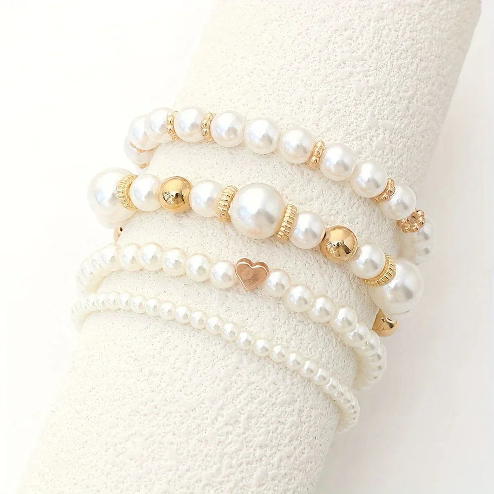 LUMIÈRE PEARL™ — ELEGANT WHITE 4PCS PEARL BEADED HANDMADE BRACELET SET