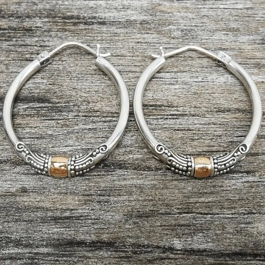 SILVER ETCH VINTAGE HOOP EARRINGS
